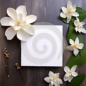 White blank card with space for your own content. Decorations made of white flowers. Valentine\'s Day as a day symbol of affe photo
