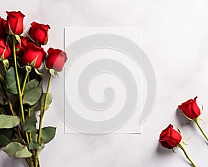 White blank card with space for your own content. Next to it a red bouquet of roses. Light background. Valentine\'s Day as