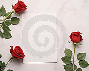 White blank card with space for your own content. Three red roses, light background. Valentine\'s Day as a day symbol of affe