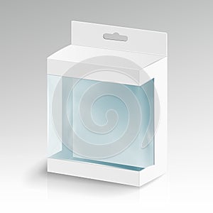White Blank Cardboard Rectangle Vector. White Package Box With Transparent Plastic Window. Product Packing