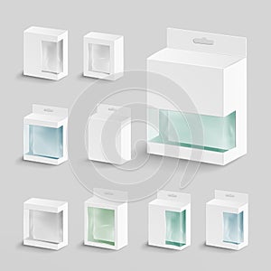 White Blank Cardboard Rectangle Vector. White Package Box With Transparent Plastic Window. Product Packing