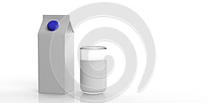 White blank carton box and glass of milk. 3d illustration