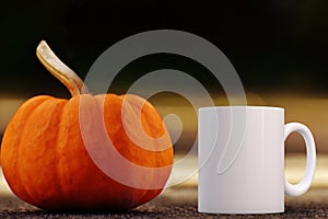 White blank coffee mug Autumnal theme mock up.