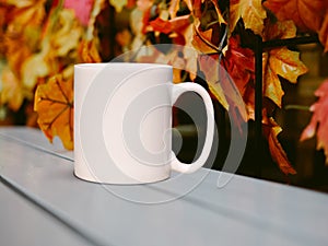 White blank coffee mug Autumnal theme mock up.