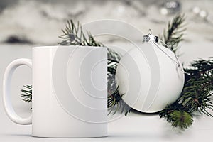White blank coffee mug Christmas theme mock up.