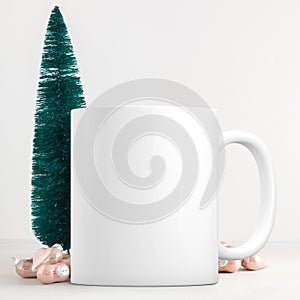 White blank coffee mug Christmas theme mock up.