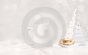 White blank coffee mug Christmas theme mock up.