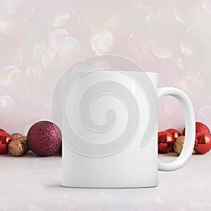 White blank coffee mug Christmas theme mock up to add custom design or quote.