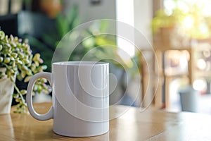 White blank coffee mug on the top of wooden table and blurred interior background. Blank coffee cup mug mockup template