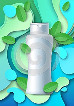 White blank cosmetic bottle mockup, paper cut mint leaves, splash, vector illustration. Mint hair shampoo ads template