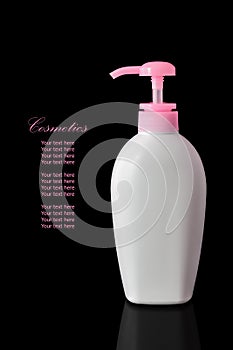 White blank cosmetic container for body cream moisturizer isolated on black background with reflexion. The file includes