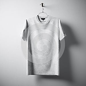 White Blank Cotton Tshirt Hanging Center Gray Concrete Empty Wall Background.Highly Detailed Texture Materials.Clear