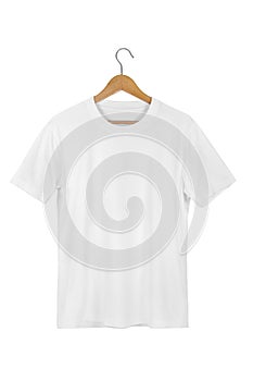 White Blank Cotton Tshirt with wooden hanger isolated on white