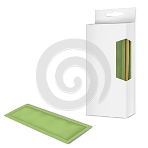 White blank display box with open clear window and euro slot hanger filled with sachet, vector mock-up