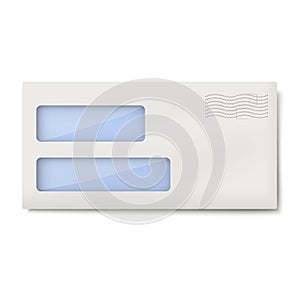 White blank DL envelope with two windows for addressee and return, senders address isolated photo