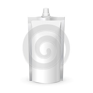 White Blank Doy-pack, Doypack Foil Food Or Drink Bag Packaging With Corner Spout Lid. Illustration Isolated On White