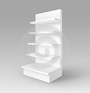 White Blank Empty Exhibition Trade Stand Shop Rack with Shelves Storefront Isolated on Background