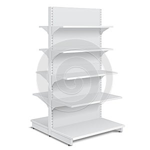 White Blank Empty Showcase Displays With Retail Shelves Products On White Background .