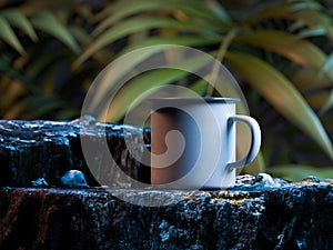 White Blank Enameled Mug With Copy Space On Rock On Exotic Forest Background. 3d rendering.