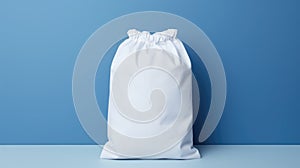 White blank fabric pouch standing on blue background