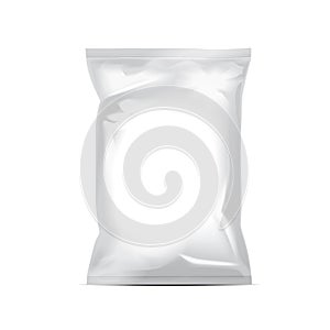 White blank foil bag packaging for food, snack, coffee, cocoa, sweets, crackers, nuts, chips. Vector plastic pack mock