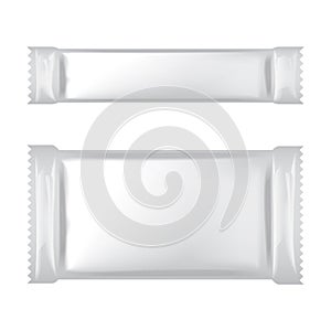 White blank foil bag packaging for food, snack, sugar, candy, seasoning, medical shachet. Vector plastic pack mock up