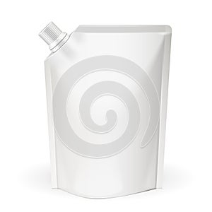 White Blank, Food Bag Packaging With Spout Lid. Products On White Background Isolated. Ready For Your Design.
