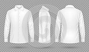 White blank male shirt with long sleeves in front, side, back views. Realistic vector template isolated