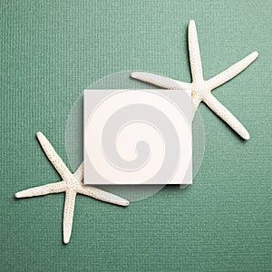 White blank memo pad and starfish on green background. summer marine decoration