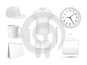 White blank merchandising items set realistic vector illustration. Promotional corporate branding