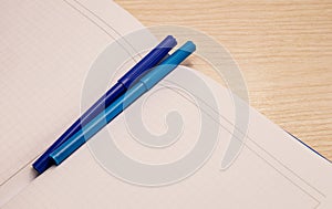 White blank notepad in a cage for recording lies on a wooden background with two blue felt-tip pens