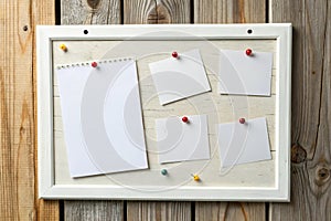 White blank notepaper and space for text with push pins on wooden background