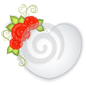 White blank paper heart with red roses decoration