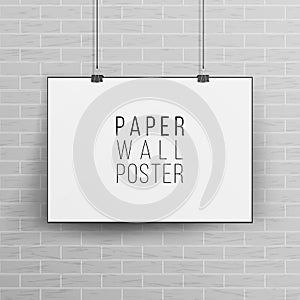 White Blank Paper Wall Poster Mock up Template Vector. 3D Realistic Illustration With Shadow. Brick Wall.