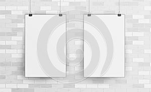 White Blank Paper Wall Poster Mock up Template Vector. Realistic Illustration. Picture Frame On Brick Wall. Front View