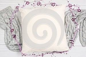 White blank pillow mockup, cozy christmas composition