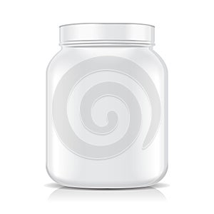 White Blank Plastic Jar isolated on white background. Sport Nutrition, Whey Protein or Gainer photo