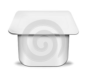 White blank plastic yogurt pot with peel off foil lid, realistic mock-up. Yoghurt square cup, vector template