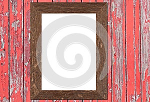 White blank poster with brown frame mock-up on red plank wooden wall background