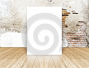 White Blank Poster in crack brick wall and concrete floor room,T