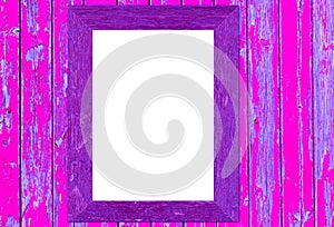 White blank poster with violet frame mock-up on pink plank wooden wall purple background
