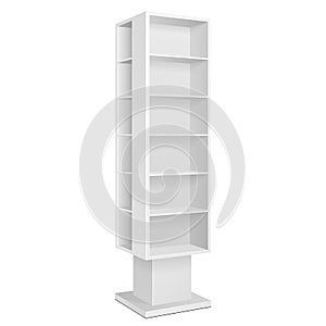 White Blank Quadrilateral Empty Showcase Displays With Retail Shelves Products On White Background Isolated. photo