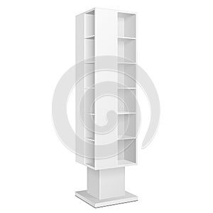 White Blank Quadrilateral Empty Showcase Displays With Retail Shelves Products On White Background .