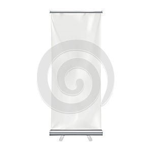 White blank roll-up banner stand vector mockup. Vertical roller exhibition advertising display realistic mock-up. Template