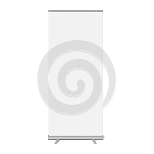 White blank roll-up banner stand, vector mockup. Vertical roller exhibition display. Template for design