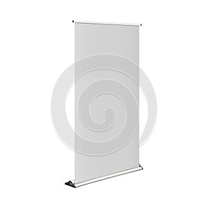 White blank roll-up retractable banner stand realistic vector mock-up. Vertical pop-up roller exhibition display standee mockup