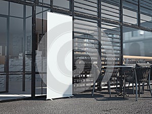 White blank rollup banner near restaurant. 3d rendering photo
