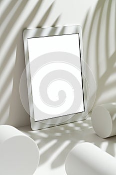 White blank screen digital tablet mockup, template with geometric objects