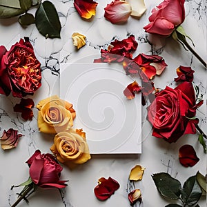 White blank sheet on marble around scattered red and white rose petals. Places for their own content. Flowering flowers, a symbol
