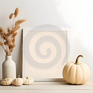 A white blank sheet of paper, pumpkins, leaves